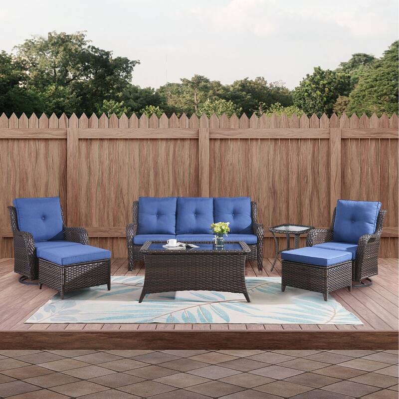 Gymojoy 7-Piece Outdoor Wicker Patio Furniture with 3 Seat Sofa, Rattan Coversation Set with Water Resistant Thick Cushions - Brown Wicker / Blue Cusion - 7-Piece