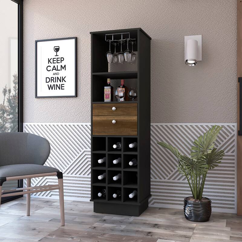 Pierpont 12-Bottle 2-Drawer 1-Shelf Bar Cabinet Black Wengue and Walnut - Black