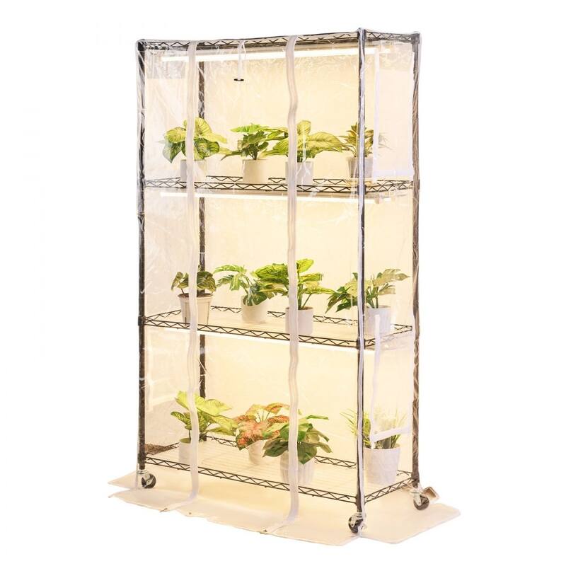 Black-Clear Metal 4-Tier Indoor Greenhouse Plant Stand with Cover and 6 Warm LED Lights and Timer - 35.43 x 13.78 x 59.06 in