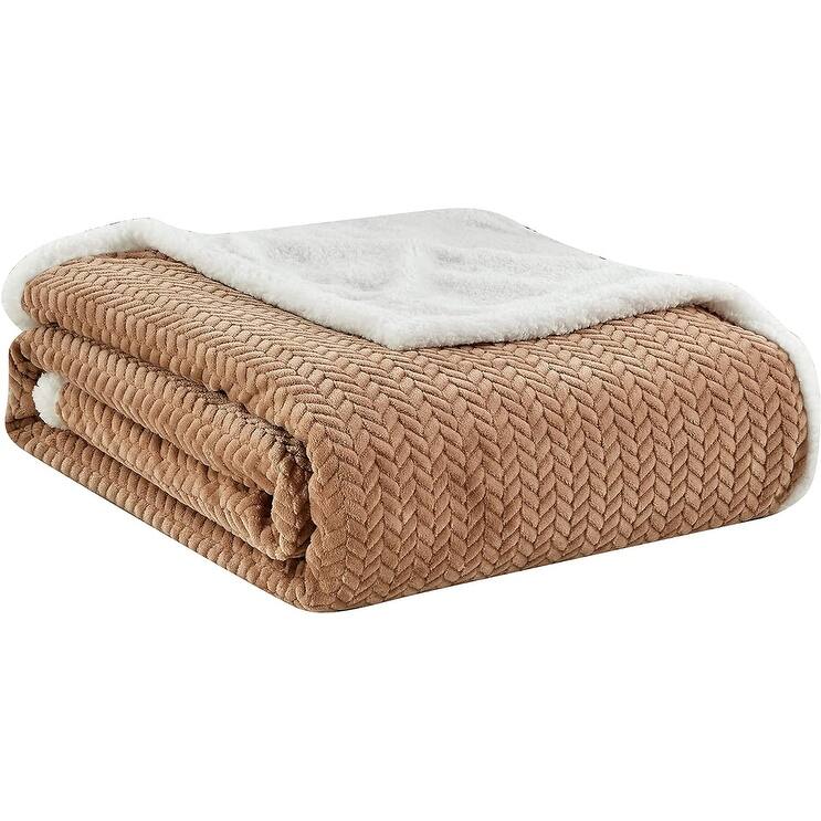 Décor&More HomeEssentials Extra Heavy and Plush Chevron Braided Queen Size Microplush Blanket with Sherpa Backing 90x90 - Mocha