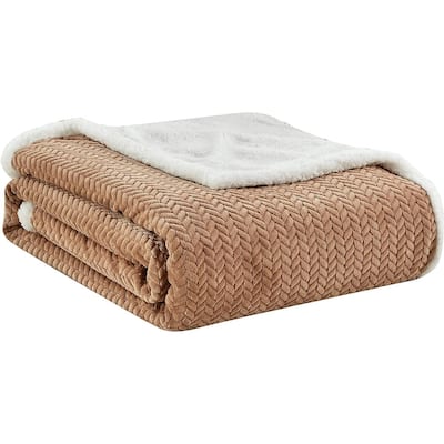 Décor&More HomeEssentials Extra Heavy and Plush Chevron Braided Queen Size Microplush Blanket with Sherpa Backing 90x90 - Mocha