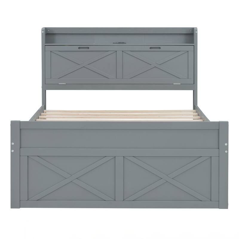 Full Size Wooden Bed with Storage Headboard with Outlets