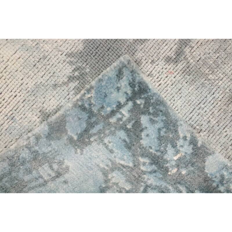 Hand Knotted Oriental Viscose Silk Carpet Modern Pictorial Navy Blue & Blues Abstract Area Rug - 7' 2'' X 5' 3''