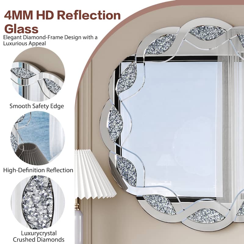 GDFStudio - Glam Silver Crush Diamond Round Wall Mirror with Wave Frame - 31.5 Inch
