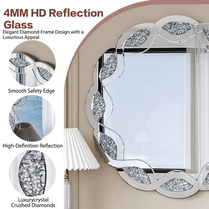Roomfitters 31.5" Silver Mirrored Wall Mirror, Round Decorative Console Mirror with Crushed Diamond Wave Frame