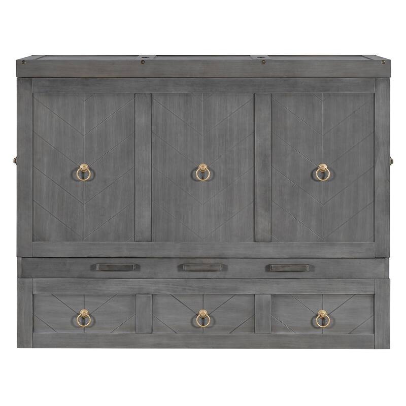 Space-Saving Full Murphy Bed with USB Port, Power Outlets & Large Drawer - Convertible Cabinet Design