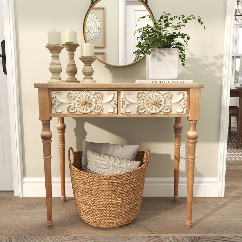 Brown Wood Intricately Carved 2 Drawers Floral Console Table