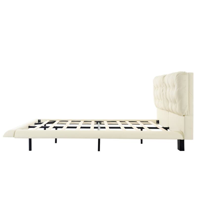 Christopher Knight Home- Lorcan PU Leather Floating Bed Frame with LED Lights and Button-Tufted Headboard