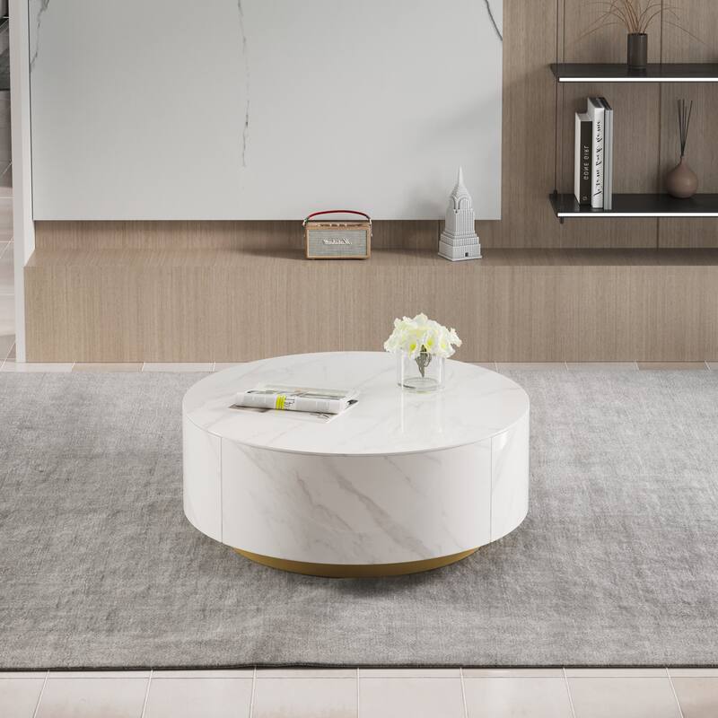 Modern Round Coffee Table, White Sintered Stone Tabletop with 2 Drawers
