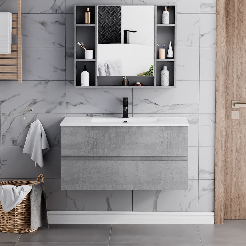 Wall Mounted Bathroom Vanity Sink Combo Cabinet Vanity Set Beveled Invisible Handles - 36 in