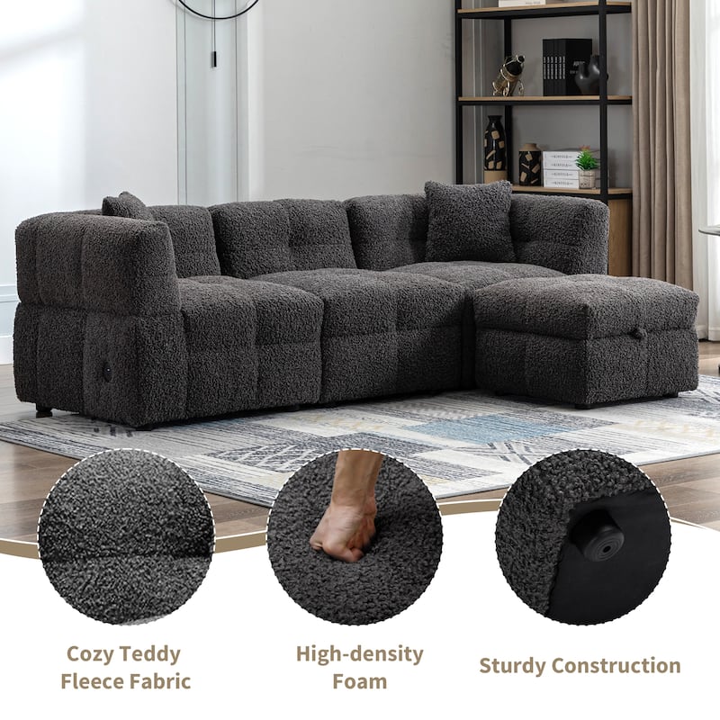 Sectional Sofa Couch with Two USB Ports, a Movable Storage Ottoman, and Two Lumbar Pillows for Living Room
