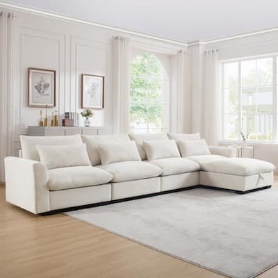 L-shaped Modular Deep Seat Sectional Sofa with Ottoman and Waist Pillows