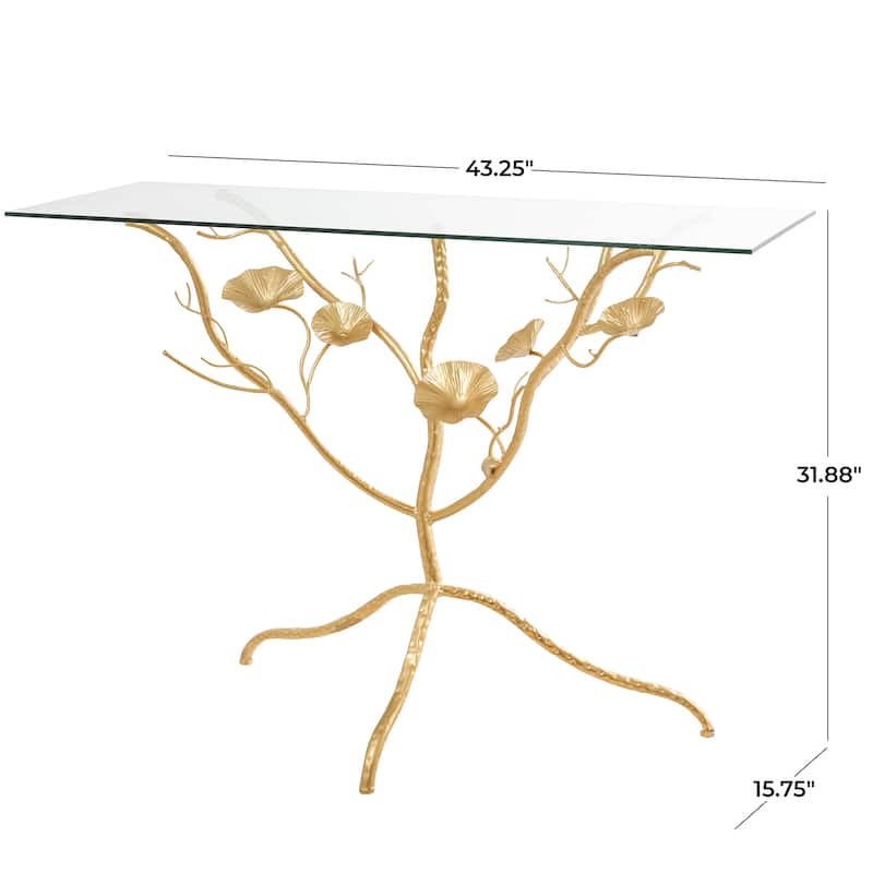 Gold Metal Branch Floral Console Table with Glass Top