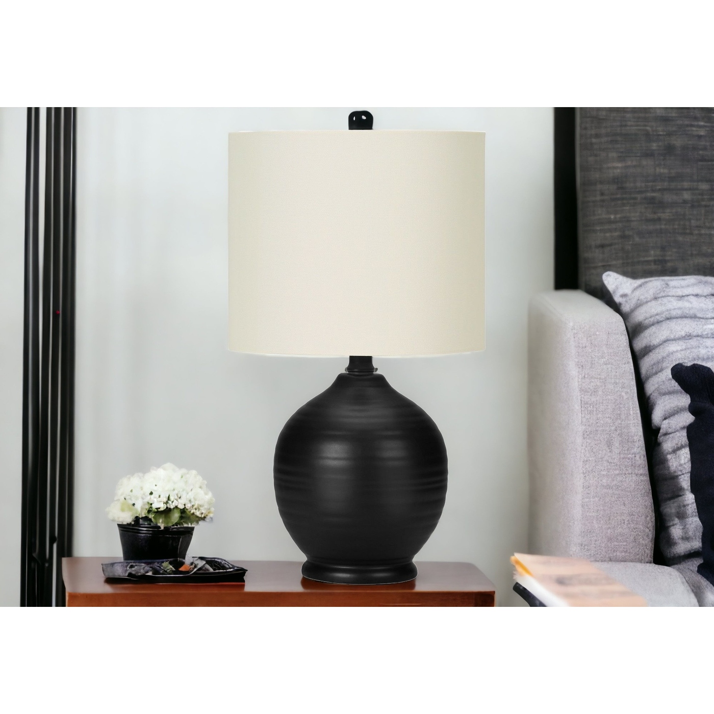 HomeRoots 17 Black Ceramic Round Table Lamp With Ivory Drum Shade 9.5 Bed Bath Beyond 41621413