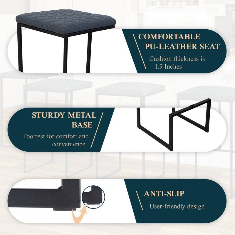 Quincy Leather Quilted Counter Height Barstool (Set of 2) with Upholstered Square Seats & Footrest for Home Bar & Kitchen