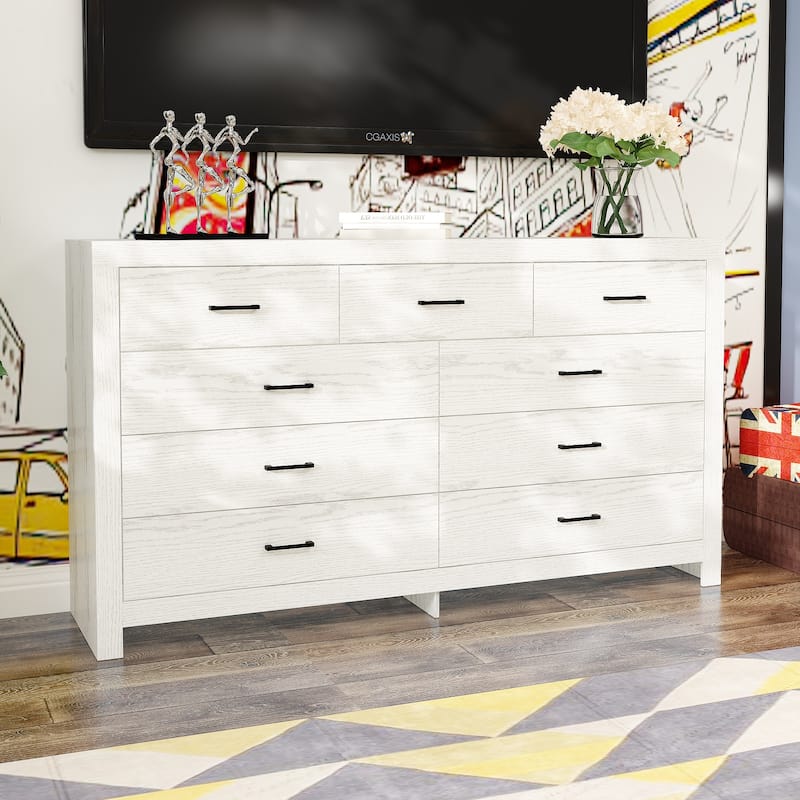 63" White 9 Drawer Dresser for Bedroom, Modern Wide Wood Storage Dresser with Metal Handles
