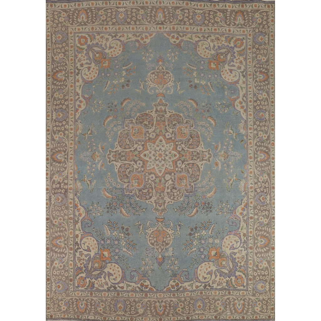 Blue Medallion Tabriz Persian Vintage Rug Hand-Knotted Wool Carpet - 9'7" x 12'4"