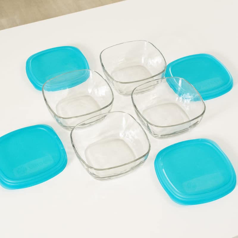Libbey Serve It 8-Piece Glass Storage Bowl Set with 6-Cup Containers and Blue Plastic Lids - Set of 8