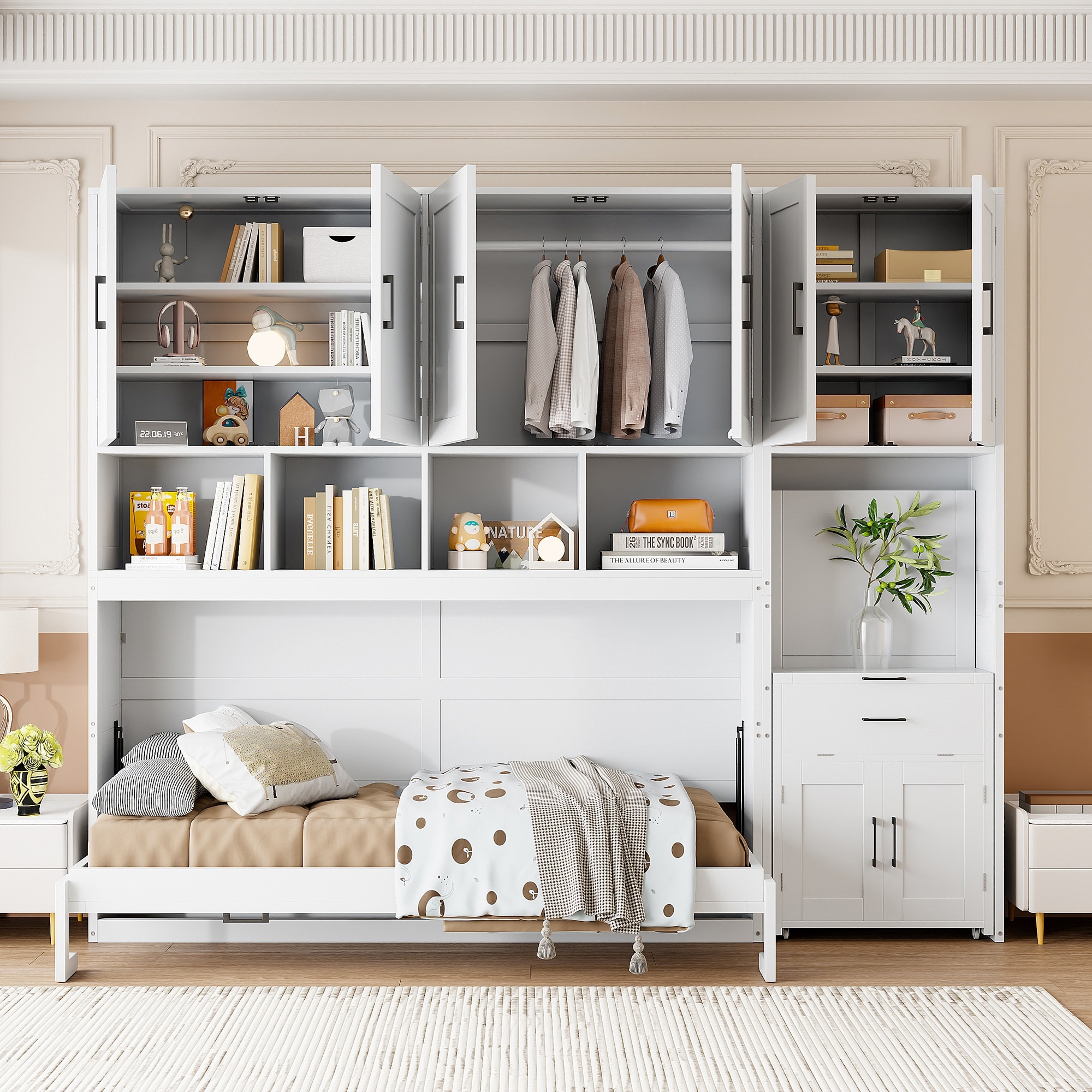 Roomfitters Twin Size Murphy Bed with Closet, Drawers and Desk, Convertible Wall Bed for Small Spaces, White
