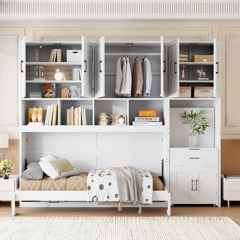 Twin Size Wood Murphy Bed with Desk, Foldable Wall Bed with Closet and Open Shelves, Hidden Cabinet Bed Frame with Drawers