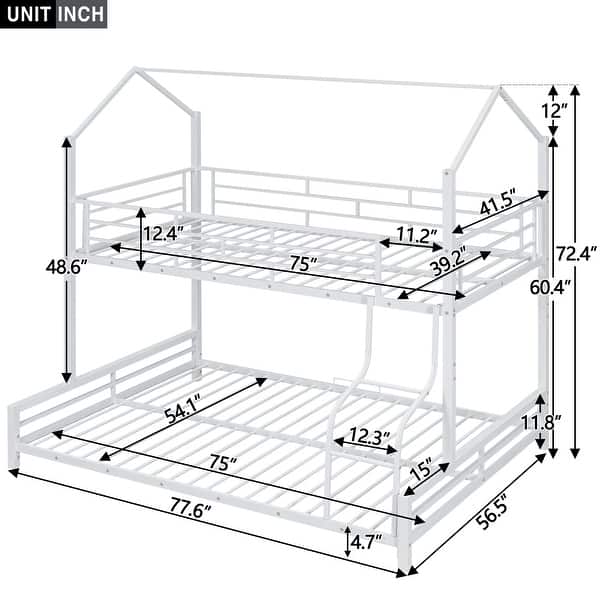 Metal House Bunk Bed with Roof, Twin over Full, White