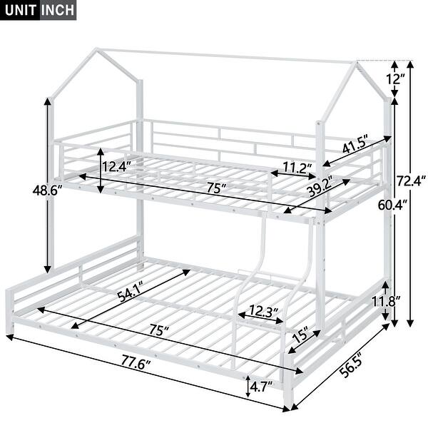 White Metal House Bunk Bed with Roof, Ladder and Fence for Kids, Boys and Girls