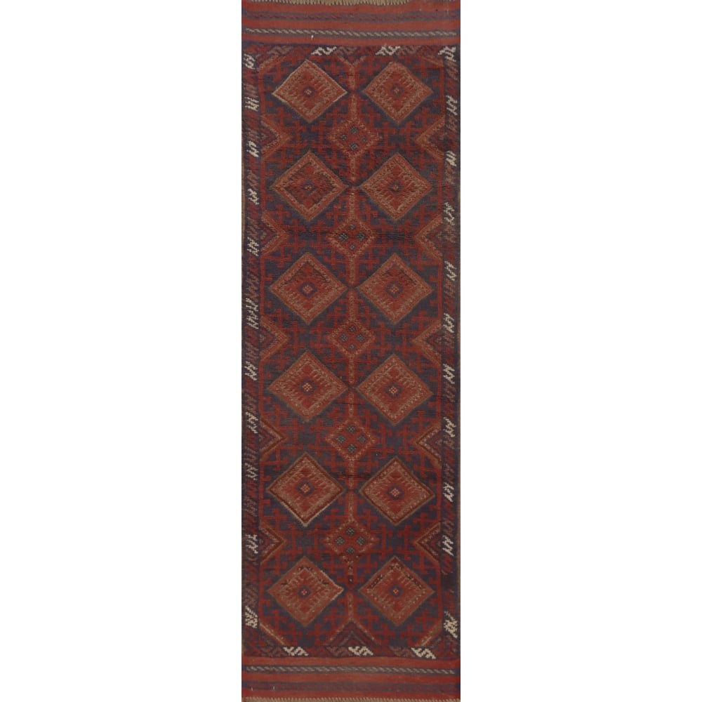 Hand Knotted Oriental 100% Wool Carpet Traditional Tribal Red Balouch Runner Rug - 8' 1'' X 2' 1''