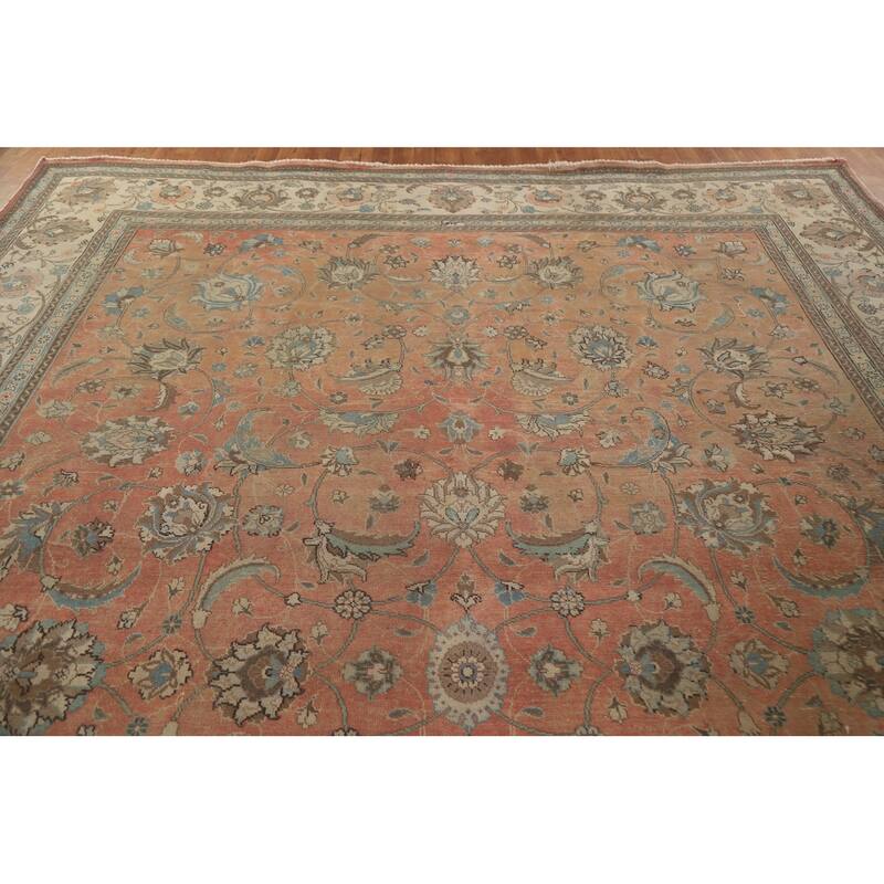 Hand Knotted Oriental 100% Wool Carpet Traditional All-Over Oranges & Rust Tabriz Area Rug - 13' 10'' X 10' 7''