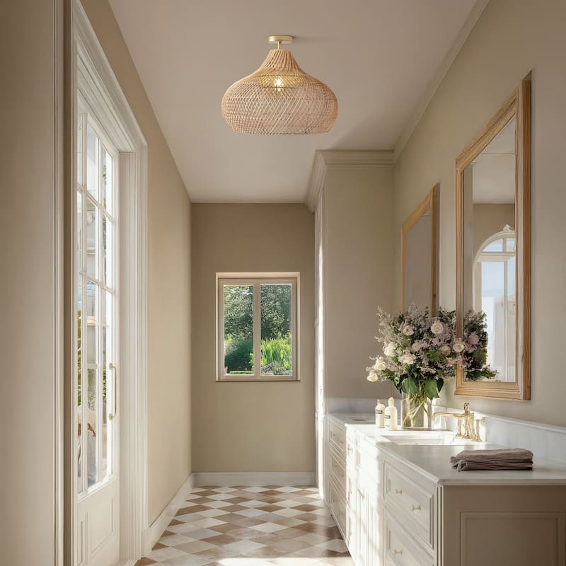 Kloe Rattan Flush Mount - Rattan Natural 1-Light Handwoven Ceiling Light for Bedroom or Dining Room in Farmhouse, Modern Style