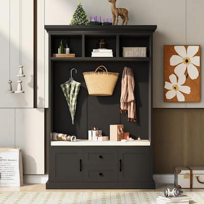 47.2" Hall Tree with 3 Hooks, Open Shelves, Wood Entryway Bench with Shoe Cabinet, Mudroom Coat Rack Cabinet