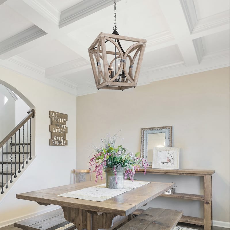 Kiria Wooden Farmhouse Chandelier Candle 4-light Hanging Ceiling Lantern Foyer Pendant Lighting - L 15.5" x W 15.5 "x H 21.5" - L 15.5" x W 15.5 "x H 21.5"