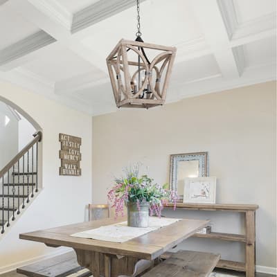 Kiria Wooden Farmhouse Chandelier Candle 4-light Hanging Ceiling Lantern Foyer Pendant Lighting - L 15.5" x W 15.5 "x H 21.5"