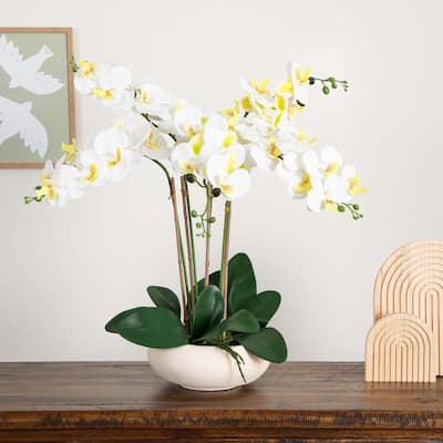 Phalaenopsis Orchid Artificial Floral Arrangement with Ceramic Planter - 23" - White
