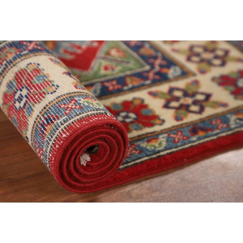 Kazak Foyer Rug Hand-Knotted Red Geometric Wool Carpet - 2'6" x 4'1"