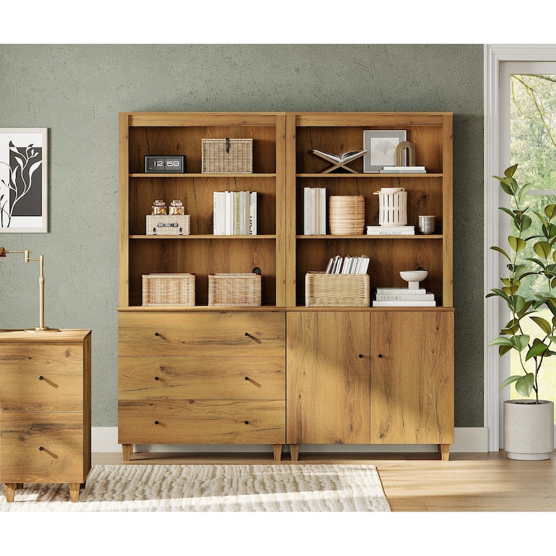 WAMPAT 71" Tall Bookshelf Set of 2, 5-Tier Modern Bookcases with 1 Cabinet and 3 Drawers for Living Room - Brown