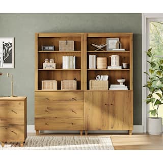 WAMPAT 71" Tall Bookshelf Set of 2, 5-Tier Modern Bookcases with 1 Cabinet and 3 Drawers for Living Room