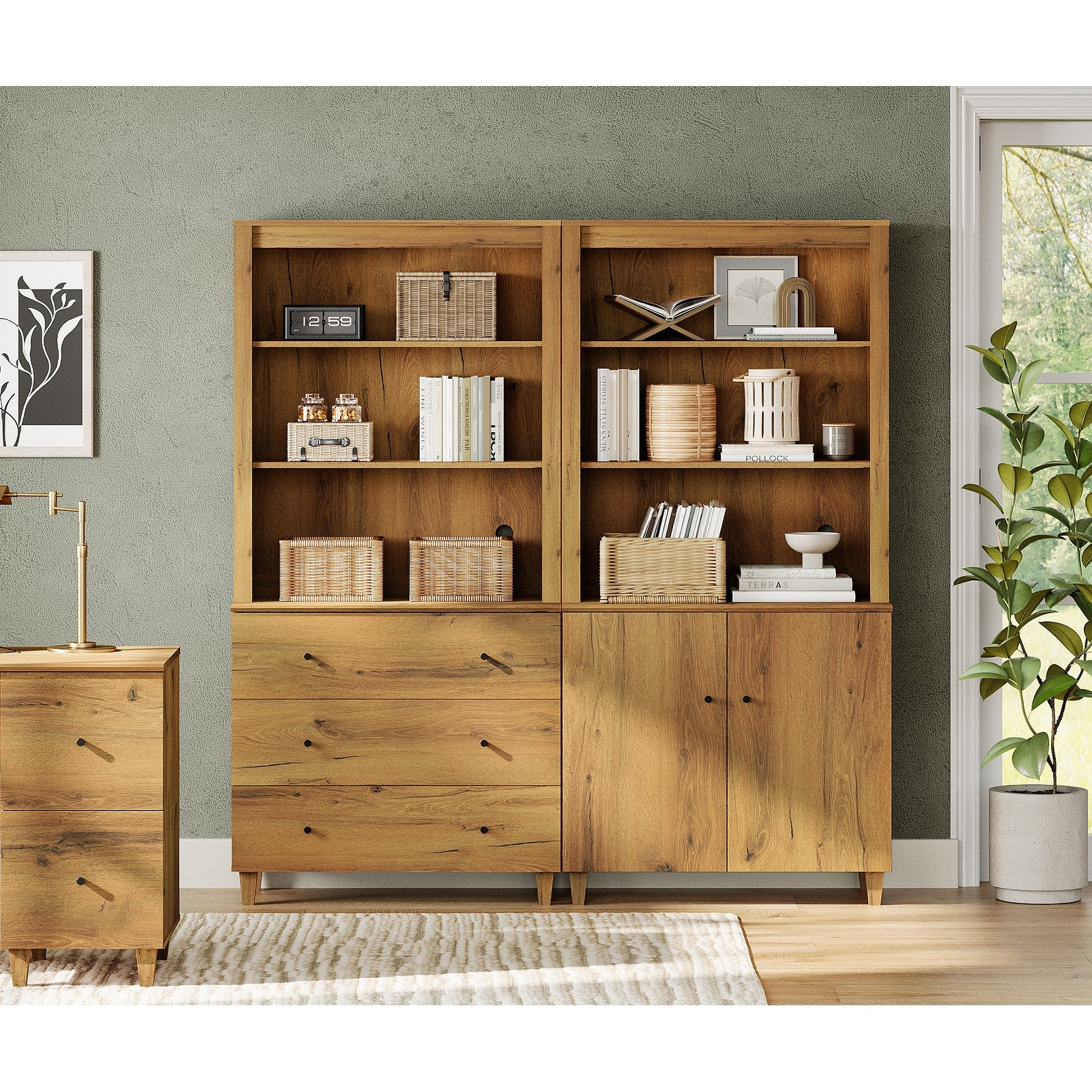 WAMPAT 71" Tall Bookshelf Set of 2, 5-Tier Modern Bookcases with 1 Cabinet and 3 Drawers for Living Room