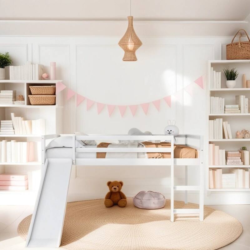 Twin Size Kids Loft Bed Frame with Slide, White