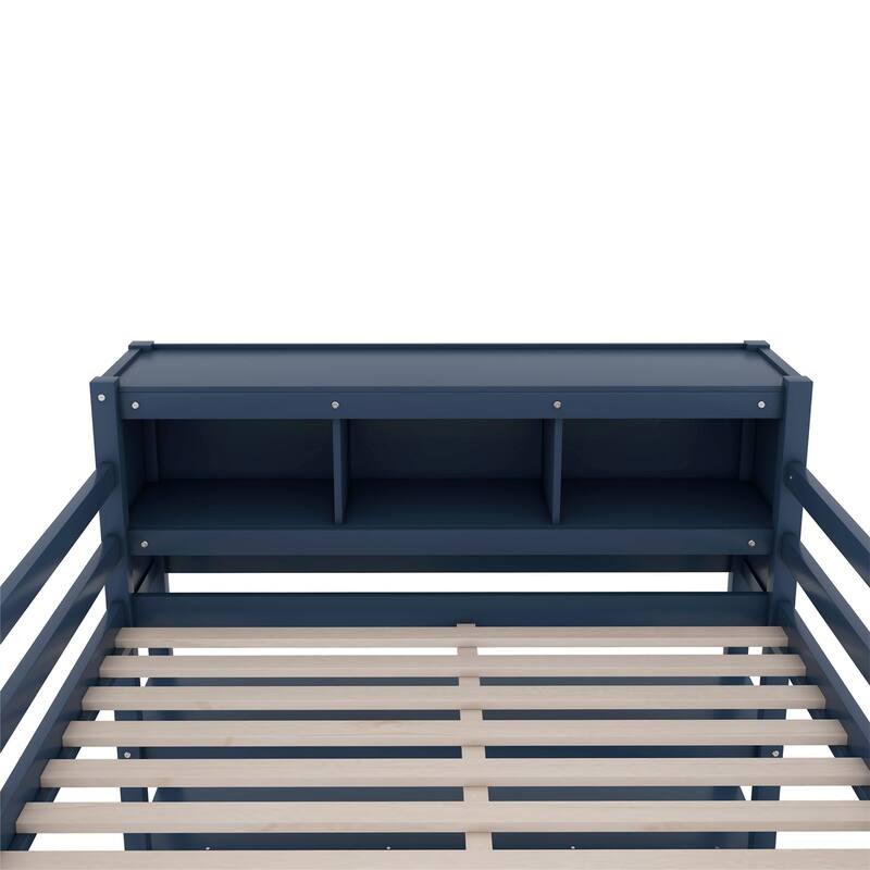 Wood Full Size Loft Bed Frame with Cabinet, Bookshelf and Wardrobe