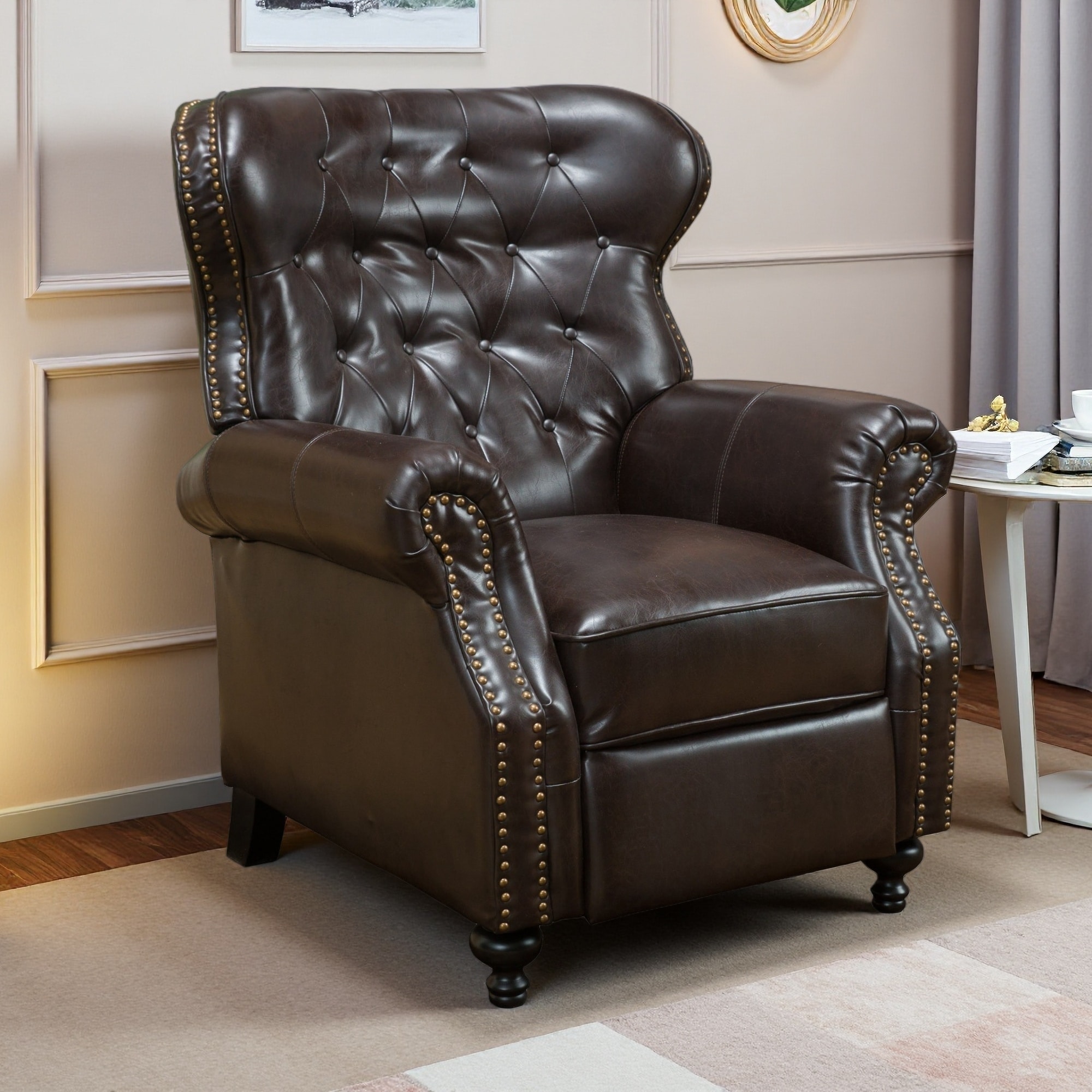 Push-Back Button-Tufted Recliner Chair with Rolled Arms & Copper Accents