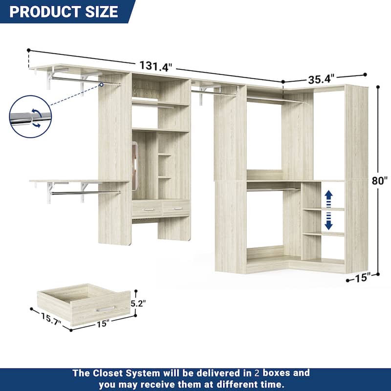 Cimly 131'' - 156'' Closet System with Makeup Vanity, All-in-one Corner Closet Organizer with Shoe Rack and Tower Shelves