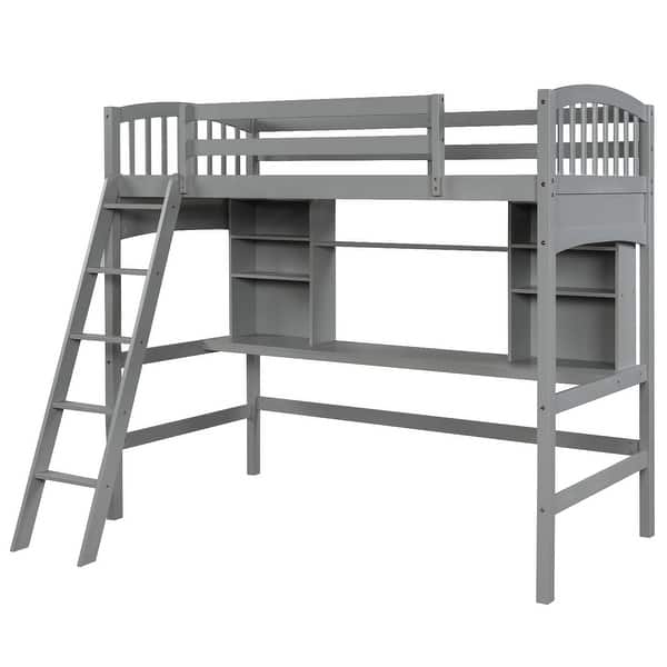 slide 2 of 12, Twin size Loft Bed with Storage Shelves, Desk and Ladder Grey