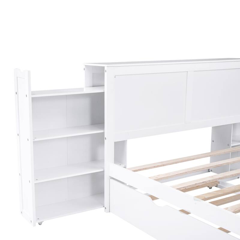White Full Size Storage Platform Bed with Pull-Out Shelves and Twin Trundle