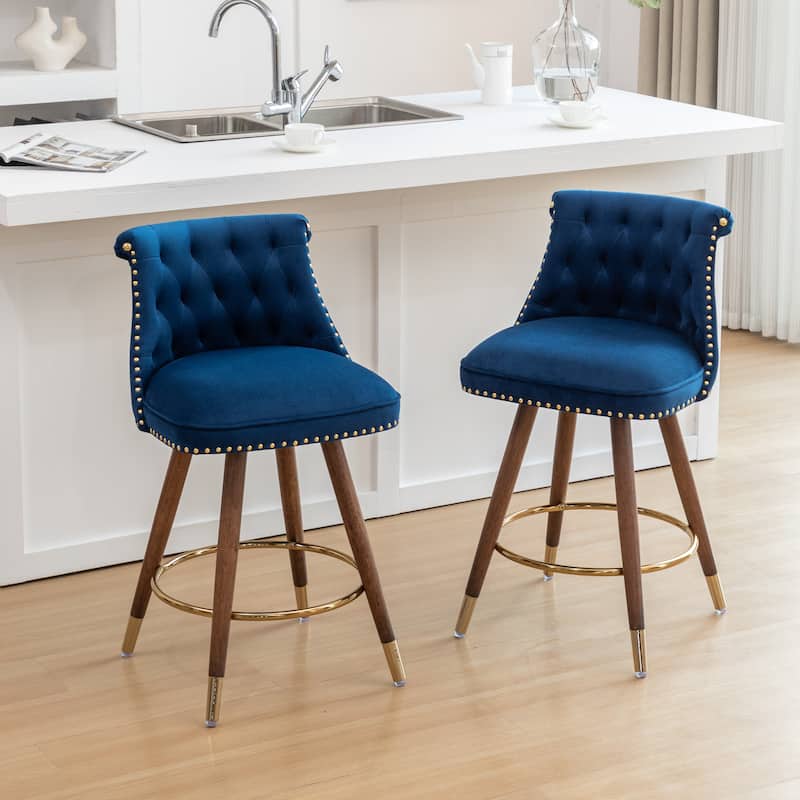 Set of 2 Button-Tufted Counter Stools with Nailhead Trim