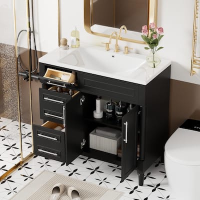 36'' Bathroom Vanity with Resin Sink, Freestanding Bathroom Storage Cabinet with 2 Drawers, a Tip-out Drawer & Adjustable Shelf