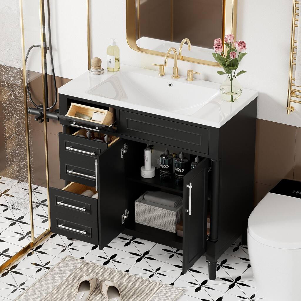 36'' Bathroom Vanity with Resin Sink, Freestanding Bathroom Storage Cabinet with 2 Drawers, a Tip-out Drawer & Adjustable Shelf
