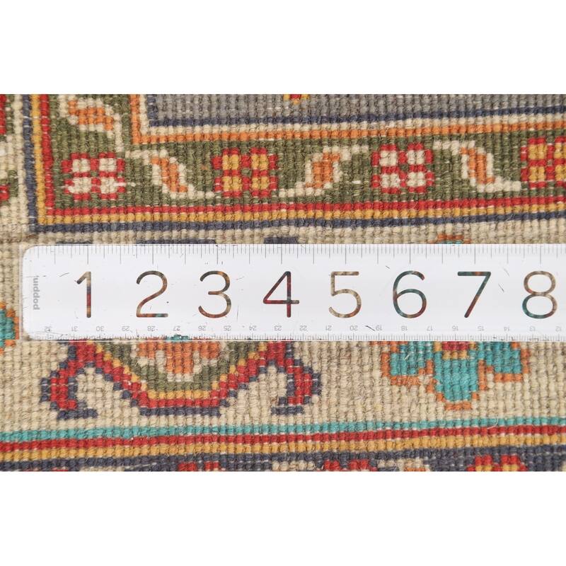 Geometric Kazak Foyer Rug Handmade Grey Wool Carpet - 2'8" x 4'0"