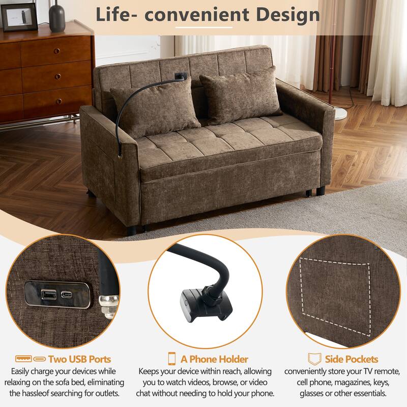 Roomfitters Loveseat Pull-Out Sofa Bed with Reversible Backrest Cushion, Side Pockets, USB Ports, and Phone Holder