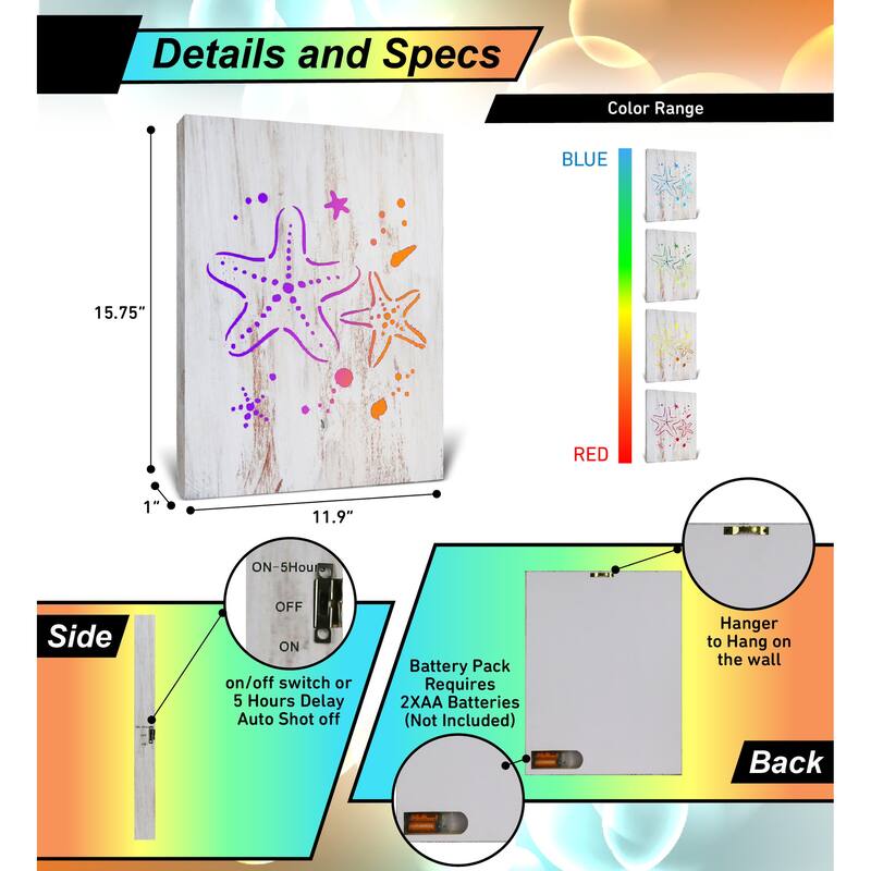 CoTa Global Starfish Light Up LED Wall Art - Fun Changing Color LED - 15.75Lx11.9Wx1H inches