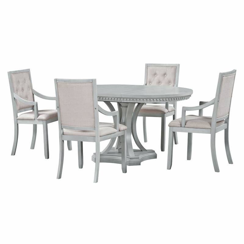5 Piece Kitchen Dining Table Set, Extendable Round Dining Table Set with Wooden Round Table and 4 Upholstered Chairs